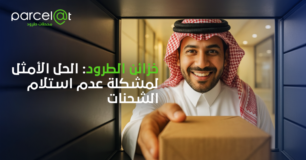 رجل مبتسم بالزي السعودي يسلم طردًا عبر محطة طرود