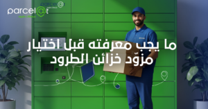عامل توصيل يحمل طردًا أمام خزانة طرود ذكية خضراء – بارسلات
