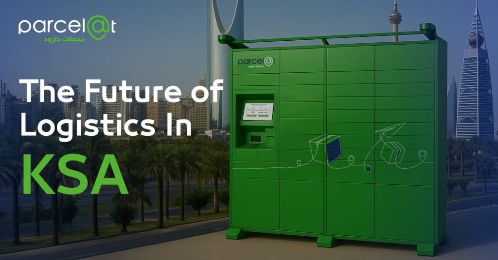 Green Parcelat smart locker in front of Riyadh skyline representing the future of logistics in Saudi Arabia.