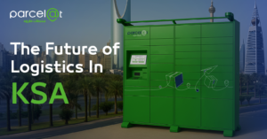 Green Parcelat smart locker in front of Riyadh skyline representing the future of logistics in Saudi Arabia.