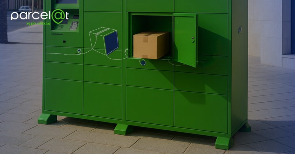 A green smart parcel locker with a cardboard box and the title “7 Reasons to Use Contactless Parcel Delivery