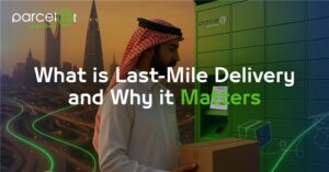 A man collecting a parcel from a smart locker in Riyadh, symbolizing last-mile delivery.