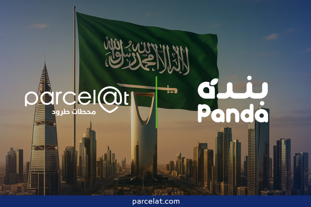Parcelat and Panda logos with Saudi flag in background.
