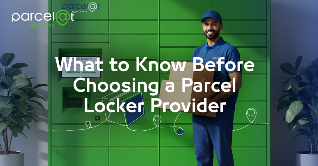 Delivery man holding a parcel box standing in front of a green smart parcel locker – Parcelat.