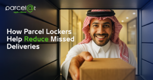 Smiling man in Saudi attire delivering a package through a parcel locker.