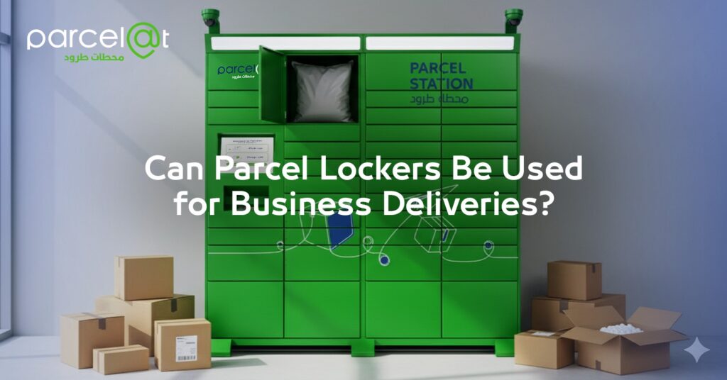 Businessman collecting a package from a parcel locker in Saudi Arabia.
